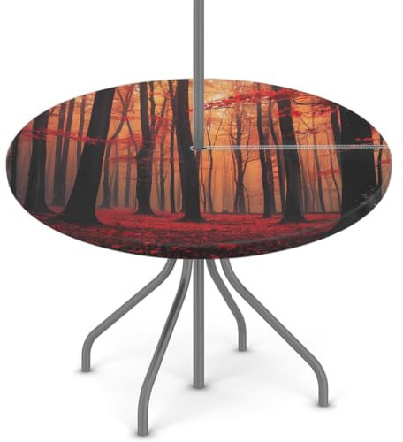Woltant Tovaglia rotonda con foro per ombrellone e cerniera, facile da pulire, con bordi elastici, protezione per tavolo da giardino, patio, barbecue (foresta rossa autunnale)