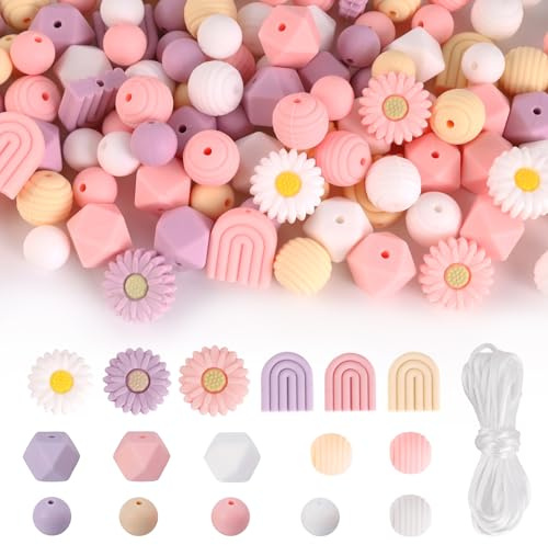 OCCOUMR 112 stycken blomformade silikonpärlor-set, tusensköna pysselpärlor, runda lösa pysselpärlor med nylonrep för gör-det-själv-smycken, nyckelringar, armband