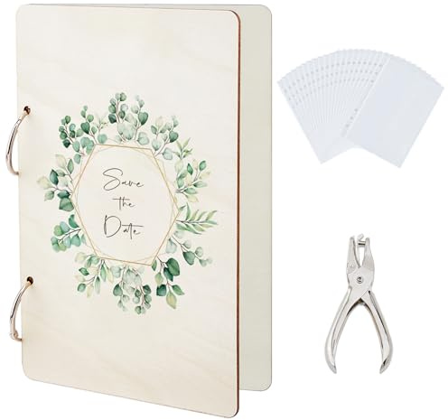 SUPERDANT Salva La Data Raccoglitore per Biglietti D'Auguri con Foglie con Scena Innevata Raccoglitore per Biglietti In Legno Anelli Singoli Cartoline Natalizie con Perforatore e 2 tasche