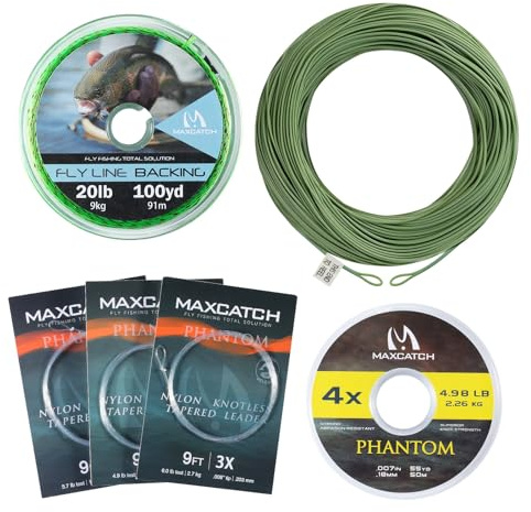 Maxcatch Fly Fishing Line Combo Kit, Weight Forward Floating Line with Two Welded Loops, Backing Line, Tapered Leader and Tippet (Moss Green, WF5F-100FT)