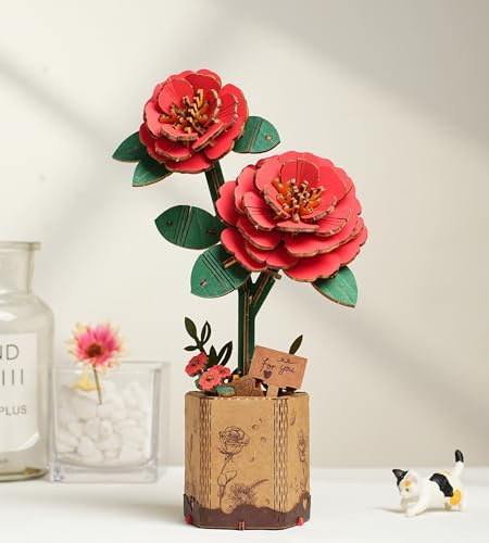 ROBOTIME 3D Holz Blumen Puzzle Rote Kamelie, Modellbausätze für Erwachsene zum Zusammenbauen, künstliche Ewige Blüten, DIY Bastelset, Valentinstag, Muttertag und Weihnachten