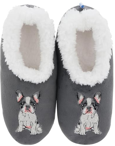 Snoozies! Pairables Women's French Bulldog Slippers, Sherpa Fleece Lined, Non-Slip Soles, Machine Washable, Grey Frenchie (Frenchie, UK Footwear Size System, Adult, Women, Alpha, Medium, Small)