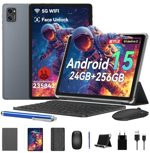 BESTTAB T20 Nuovo Tablet 10 Pollici Android 15 con Tastiera, 24GB RAM + 256GB ROM, 5000mAh 10W, Octa-Core, Widevine L1, Tablets 5G WiFi/GMS, Tablet con Mouse, Custodia, Stilo