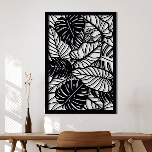 Dekory Décoration murale feuilles tropicales en métal noir – Panneau décoratif motif monstera jungle, style industriel minimaliste – Art mural contemporain pour salon ou chambre 53x75 CM