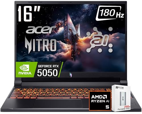 acer Nitro V 16 AI Gaming Laptop, 16 WUXGA IPS180Hz Display, AMD Ryzen 5 240, NVIDIA GeForce RTX 5050 8GB GDDR7 Graphics,16GB DDR5, 1TB Gen4 SSD, WiFi 6E, RGB Backlit KB, Win11 Home, W/256GB PSD