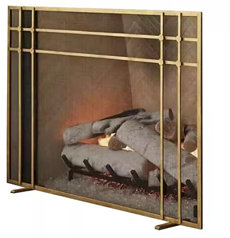 Funkenschutzgitter Kaminschirm 100cm X 80cm Kaminschutzmantel mit Gitter, Eisen, Freistehend, für Den Innenbereich, Gold