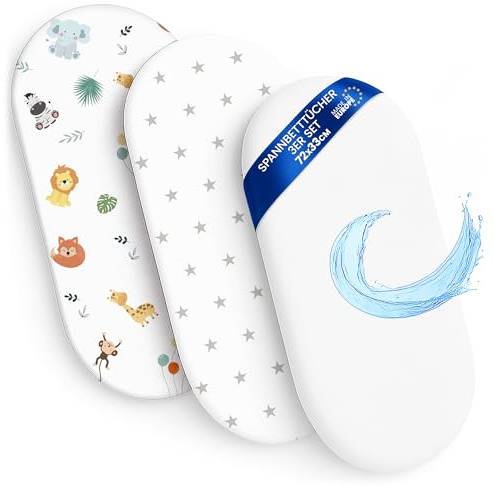 Sábanas Ajustables para Cochecito de bebé Juego de 3: 33x72 cm - 2 sábanas + 1 Protector de colchón Impermeable - Accesorios para Cuna de bebé y minicuna 33 x 72