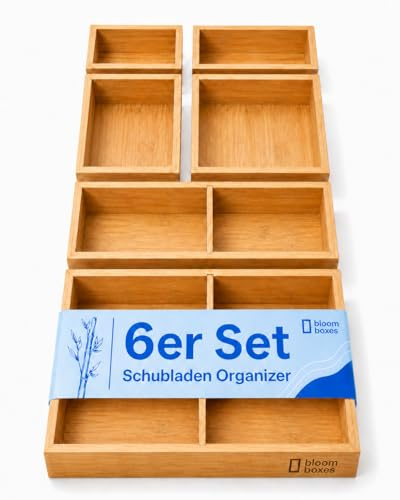 Molunda bloomboxes by Schubladen Organizer Bambus 6er Set, Aufbewahrungsbox Holz ohne Deckel, 100% Bambus, stapelbare Boxen 5 cm hoch mit Trennwänden & Filzpads für Küche Bad Büro
