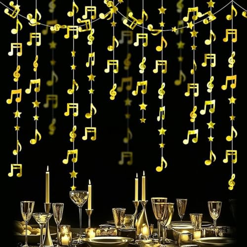 Ovanda 300 cm Musiknoten Ornamente,Musiknoten Hängende Deko,Musik Deko,Langer Decke Notenornamente für Musik-Mottopartys,Musikfestivals,Geburtstagsfeiern,Feiern,Hochzeiten,Notenschlüssel Dekos(Gold)