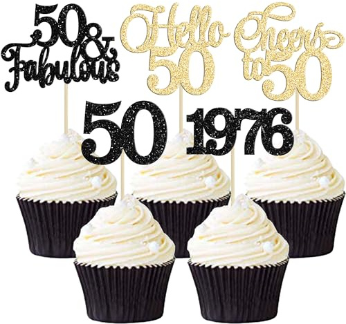 Gyufise 30Pcs 50th Birthday Cupcake Toppers 50 Fabulous Cupcake Picks Cheers to 50 1976 Cake Decorations for Happy 50th Birthday Wedding Anniversary Party Decoration Supplies Gold Black