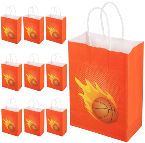 Basketball Geschenktüten 10 Stück aus Papier mit Griff Orange | Großes Fassungsvermögen, Basketball Motivdruck, für Reisen und Einkäufe