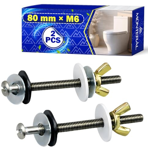 2 Piezas Fijación Tornillos Cisterna WC Universal 80 mm x M6 con Juego de Juntas y Tuercas - Tornillo WC para Tanque Inodoro Están Fabricados en Acero Inoxidable - MONTERAL