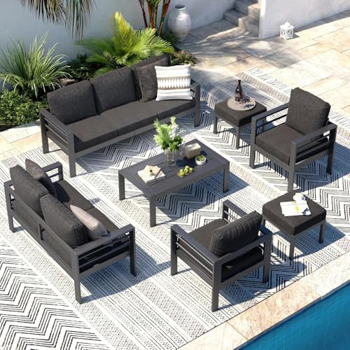 YODOLLA Aluminium Gartenmöbel Set für 9 Personen, Gartenlounge Sitzgruppe 9 stühle mit Tisch, Modernes Terrassenset, Wetterfeste Gartensofa (Schwarz)