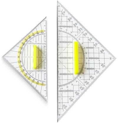 Escuadra geometría con agarre set 2 piezas 22,5 cm y 15,7 cm – escuadra transparente con transportador y regla precisión, triángulo dibujo para escuela matemáticas geometría dibujo técnico estudiantes