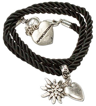 Heimatflüstern Trachtenarmband Kordel mit Strass-Edelweiss - Damen Trachten-Armkette mit Herz-Anhänger, Kordel-Armband zum Wickeln fürs Oktoberfest Dirndl-Schmuck (schwarz)