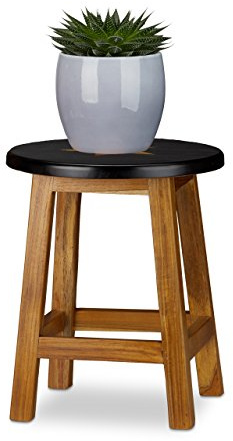 Relaxdays Blumenhocker, Stern-Motiv, Rund, 4-beinig, Terrasse, Balkon, Maserung, Teakholz, HBT 35x30x30cm, Natur/Schwarz