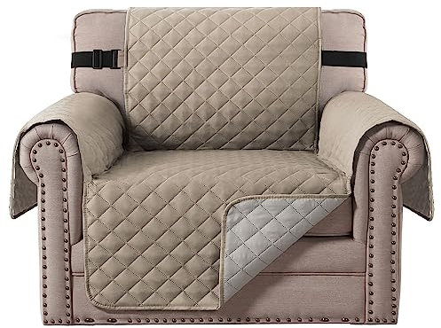BellaHills Reversible Chair Covers Water Repellent Sofa Cover 1 Seater Sofa Slipcover from Pets Sofa Covers for Cats Checked Pattern Thick Quilted with Elastic Strap (Chair, Khaki/Beige)