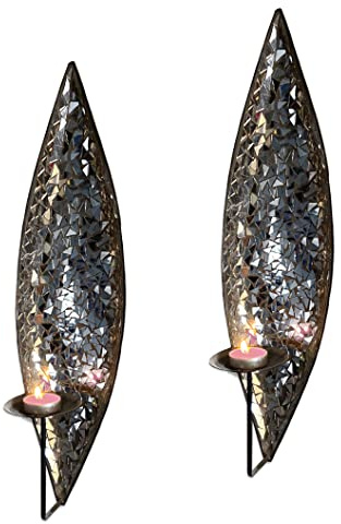 DecorShore Bella Palacio” Mirrored Glass Mosaic & Metal Wall Mounted Decorative Candle Holder Wall Sconce, Set of 2 Large Size 18 in. Light Weight Wall Décor