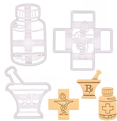 ensemble de 3 emporte-pièces sur le thème de la pharmacie (motifs: bouteille de pilules, pilon et mortier et logo de la pharmacie), 3 pièces