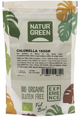 NaturGreen - Chlorella en Polvo, Alga de Chlorella, Ecológico, Elimina Toxinas del Cuerpo, Fuente de Hierro, 100% Vegano - 165 g