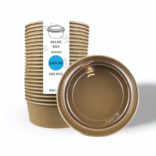 Enpack - 1300 ml Bowl for Food Made of Kraft Paper with RPET Lid - Disposable Cardboard Salad Bowl with PLA Inner Coating - Organic Bowl (100)