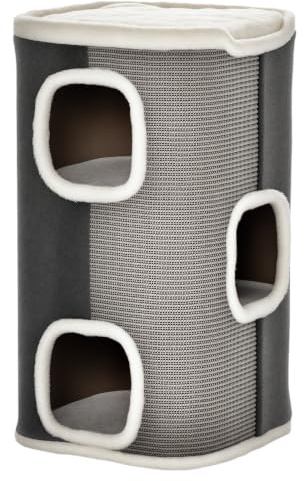 PawHut Barril Rascador para Gatos 74 cm de Altura Tonel de Escalada con 3 Cuevas de Sisal y Felpa Plataforma de Lana 40x40x74 cm Gris