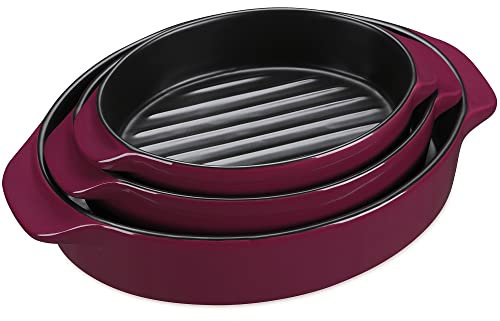 MALACASA, Serie Bake.Bake, 3 teilig Steingut Backform Brotbackform Set Kuchenform Teller Back Set Schale Auflaufform Suppenteller Ofenform in 3 Größe, Oval, Rot/Schwarz