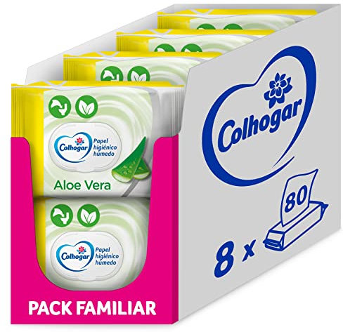 Colhogar Aloe 8 x 80 - Einweg-Toilettenpapier mit Aloe-Vera-Extrakt, ohne Alkohol, dermatologisch getestet, Packung mit 640 Nass- und Einweg-Tüchern
