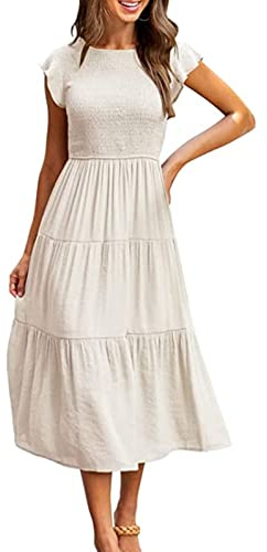 Yuson Girl Vestido Mujer Vestido Largo Verano Mujer Manga Volante Cuello Redondo Elegante hasta la Rodilla Vestidos de Playa Elástico Vestidos Largos Casual Sólida Vestido Verano(Blanco, M)