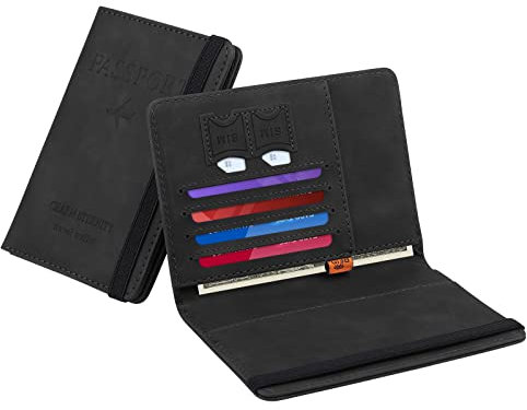 Coolzon Reisepasshülle Kunstleder Passhülle mit RFID-Blocker,Schutzhülle Impfausweis Schutzhülle Tasche für Kreditkarten Ausweis und Reisedokumente Reiseorganizer Etui für Kinder Erwachsene, Schwarz