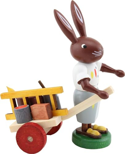 Thomas Preißler | Osterhasenfigur Osterhase Osterhäsin Hase | Höhe 10 cm | erzgebirgische Volkskunst | Osterfigur Osterdeko aus Holz | Hase Maler mit Karre