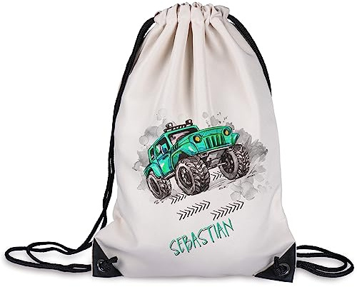 GRAZDesign Turnbeutel Kinder mit Namen personalisiert aus Polyester | Naturfarben | Rucksack | Sportbeutel | Gymbag | Wäschebeutel | Kinder Geschenk (Monstertruck)
