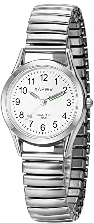 JewelryWe Ladies Watches Stretch Band: Quartz Watch Large Arabic Numeral Dial Stainless Steel Elastic Band Easy Read Analog Wristwatch