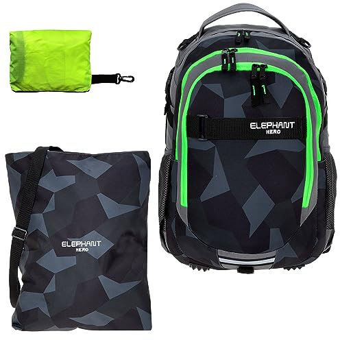 Schulrucksack Jungen Mädchen ab 3. Klasse Schule Tasche Brustgurt Schultasche Rucksack mit Sportbeutel Attach Bag und Regenhülle Premium 3 Teile Set Auswahl rtp (Cyber Camo Schwarz Grün 12770)