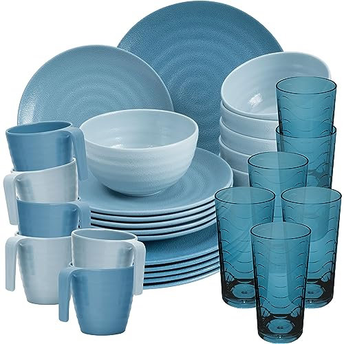 Melamin Geschirr Set 30 Teile Elegante Steingut Optik in blau mit Wasserglas 260ml blau - für 6 Personen Essgeschirr Gläser Wasserglas Tumbler Whiskey - Campinggeschirr Picknick ideal Camping Outdoor