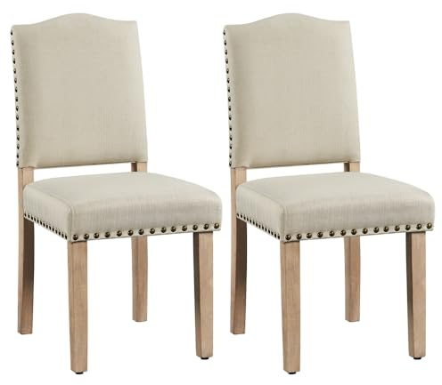 Yaheetech 2PCS de Sillas de Comedor de Respaldo Alto, Sillas de Cocina, Piernas de Madera Maciza, Diseño Clásico, Reposabrazos con Botones de Bronce y Asientos Acolchados Beige