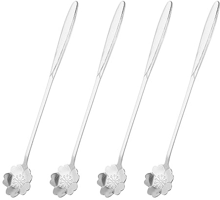 QUARKZMAN 4Stk Edelstahl Blume Löffel 7 Lang Handgriff Kirschblüte Teelöffel Eislöffel Kaffee Löffel für Cocktail Rühren Mixen Silber