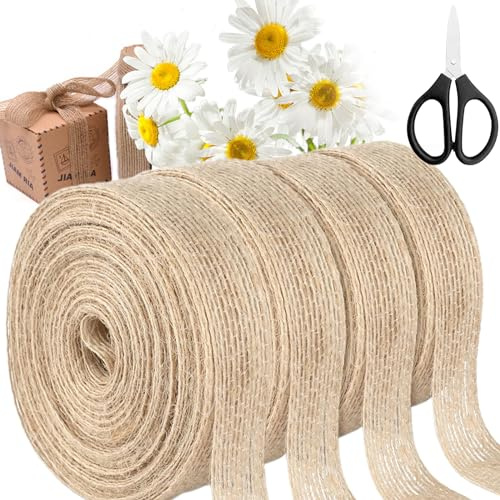 Scettar 40m Jute Band 2cm, 4 Rollen Dekoband Jute, Vintage Geschenkband für Handwerkliche Verpackungen, Hochzeitsfeiern, mit Schere