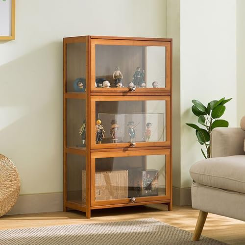 Pounjsd Großer Kapazität Klare Regal Vitrine, Glas Acryl vitrine, Bambou Bücherregal Vitrinenschrank, Holzvitrine, Braun Curio-SchräNke, 60cm Glasvitrine für Bücher, Wein, Büro, Wohnzimmer, Küche