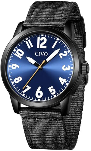 CIVO Watches Mens with Big Numbers: Easy Read Analogue Watch - Black Nylon