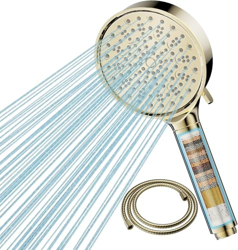 Cobbe Duschkopf mit Filter, Hochdruck Handbrause mit Schlauch, 6 Strahlarten Duschkopf Wassersparend mit Filtration in 20 Schichten, Duschbrause für Hartes Wasser,Rest-Chlor,Bakterien, Gold