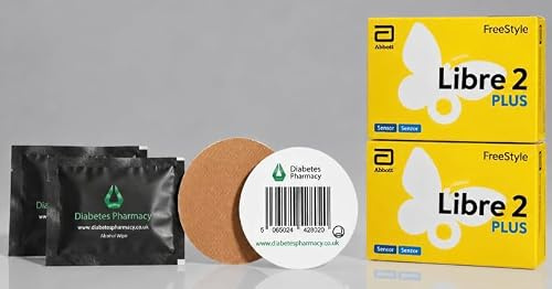 Abbott Freestyle Libre 2 Plus Sensor Pack of 2 for diabetes monitoring CGM for UK + Arrowedge alcohol wipe and water proof CGM Patches to be used with LibreLink app UK, reader ONLY