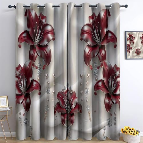 Vorhänge Blickdicht 2er Pack 3D Elegante Lilie Weicher Thermogardinen Kälteschutz Winter Verdunklungsvorhänge H 245 x B 100 cm Ösenvorhang für Schlafzimmer Wohnzimmer, Creme Rot