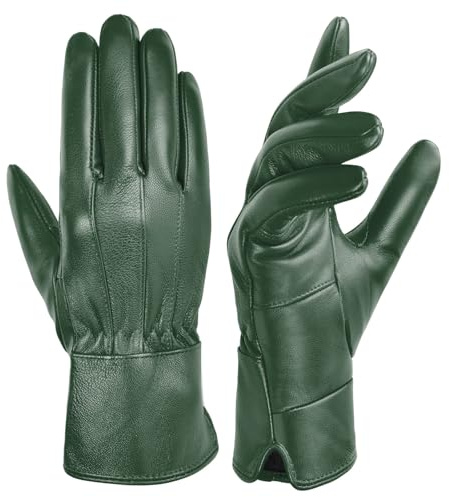 Harssidanzar Gants en cuir pour femmes en mouton retourné Chaud hiver Doux doublé SL025EU,Vert Chasseur,Taille M
