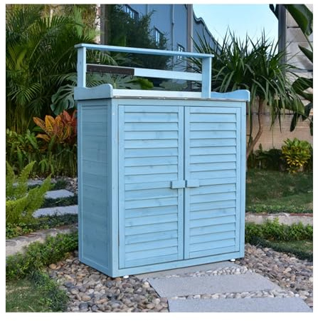 Armadietto portaoggetti da esterno e tavolo da vaso, armadietto da esterno resistente alle intemperie, tavolo da giardinaggio in legno, per giardino, patio, spazio esterno, tavolo da lavoro (blu)