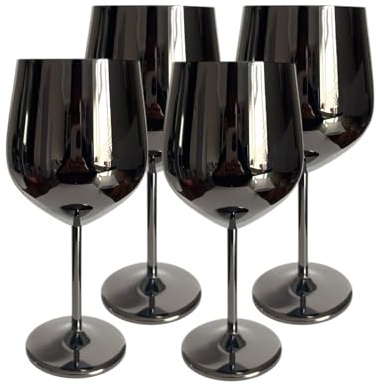 Laurie's Pub and Bar Accessories Set mit 4 schwarzen Weingläsern aus Edelstahl, 500 ml, unzerbrechliches Kelchglas