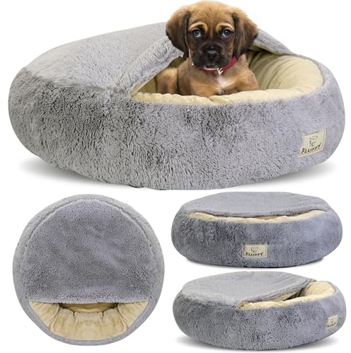 KING DOG Hundebett Ø 70 cm überdachtes Hundebett Katzenhöhle Donut-Bett Plüsch-Kunstfell-Nest Flauschiges Rundes Hundekissen Hundesofa Katzenbett für kleine mittelgroße Hunde