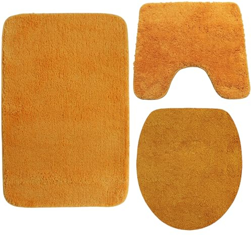 NYVI Badematten Set 3 teilig NYVISpa Lasalle Orange - Badematte 50x80 cm + WC-Vorleger mit Ausschnitt + WC-Deckelbezug - Badezimmerteppich Set - rutschfest, Saugstark, Fußbodenheizung geeignet