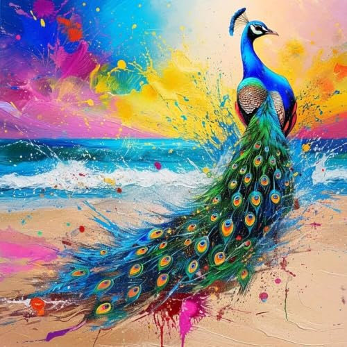 Malen Nach Zahlen Erwachsene Peacock Beach, DIY Kreativ Set Erwachsene, 100x100cm Malen Nach Zahlen Kinder und Anfänger, mit Pinseln und Acrylfarben Handgemalt Ölgemälde Leinwand, Gifts Decor D-932