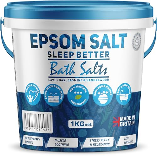 Scented Epsom Bath Salts 1kg Infused with Jasmine, Sandalwood & Lavender Essential Oil, 100% Natural Mineral Salts - Supports Sleep and Relieves Aching Muscles Magnesium Sulphate Bath Foot Soak
